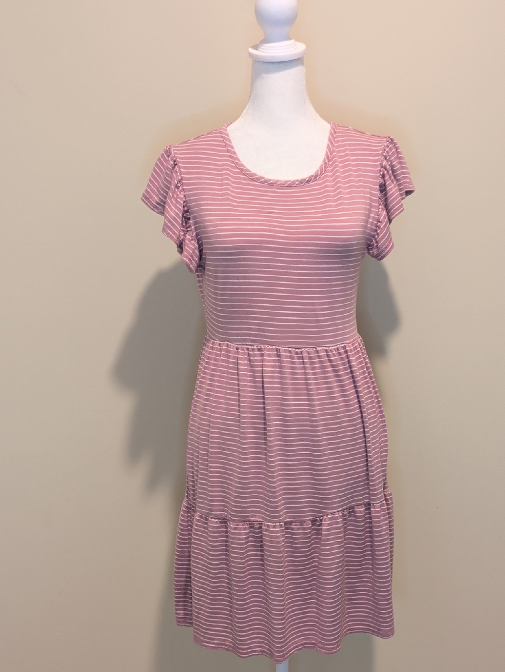 Olivia Rae Mauve and White Striped T-shirt Babydoll Flutter Sleeve Mini Dress